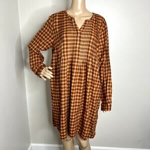 Sonoma Orange Plaid Pattern Long Sleeve Peasant Dress